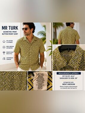 Mr Turk Geometric Print Button Front Camp Shirt Men's Medium Yellow Blue Resort